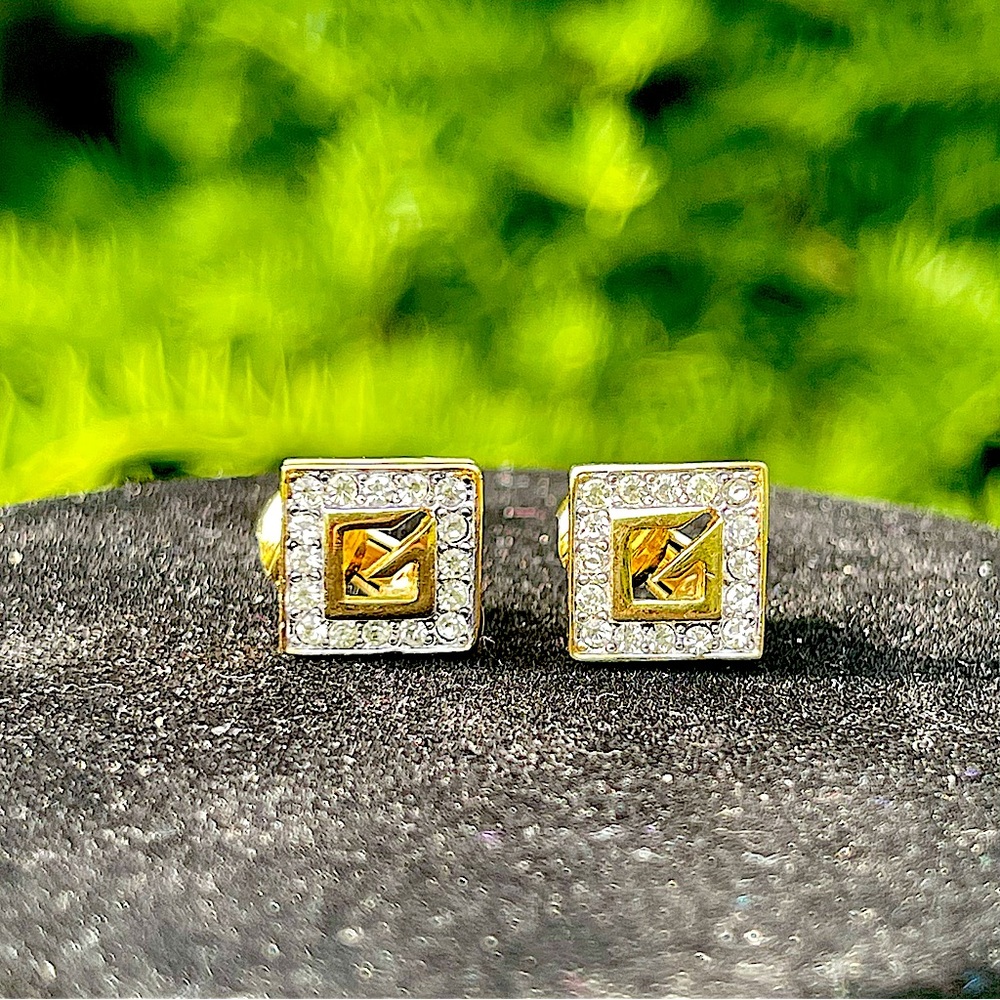 Vintage Givenchy G Logo Gold Tone Buckle Crystal Rhinestones Clip On Earrings